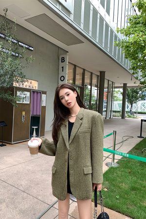Korean Style Retro Houndstooth Wool Suit Jacket for Women - High-End Autumn Winter Short Coat