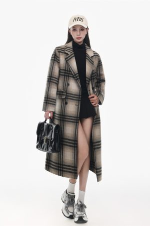 Korean-Style Retro Plaid Double-Sided Cashmere Coat for Women - High-End Long Woolen Overcoat for Autumn and Winter 2025
