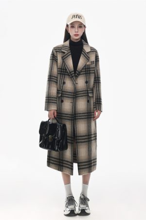Korean-Style Retro Plaid Double-Sided Cashmere Coat for Women - High-End Long Woolen Overcoat for Autumn and Winter 2025