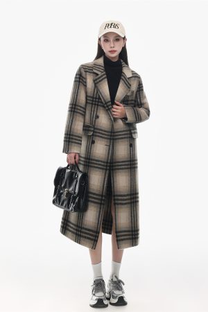 Korean-Style Retro Plaid Double-Sided Cashmere Coat for Women - High-End Long Woolen Overcoat for Autumn and Winter 2025