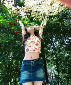 Korean Style Retro Romantic Rose Print Mesh Tie-Back Top for Women - Pumpkin Color, Lightweight and Trendy