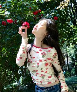 Korean Style Retro Romantic Rose Print Mesh Tie-Back Top for Women - Pumpkin Color, Lightweight and Trendy