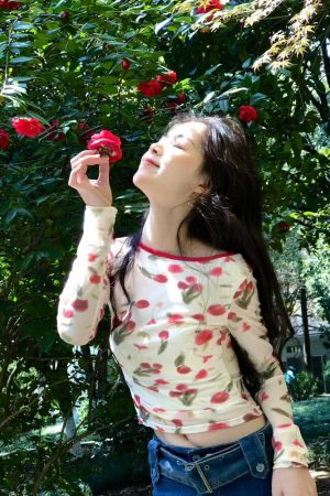 Korean Style Retro Romantic Rose Print Mesh Tie-Back Top for Women - Pumpkin Color, Lightweight and Trendy