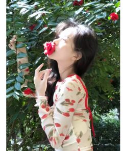 Korean Style Retro Romantic Rose Print Mesh Tie-Back Top for Women - Pumpkin Color, Lightweight and Trendy