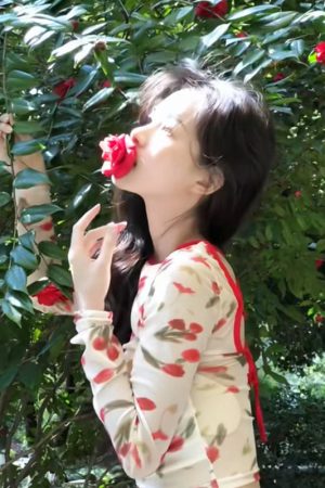 Korean Style Retro Romantic Rose Print Mesh Tie-Back Top for Women - Pumpkin Color, Lightweight and Trendy