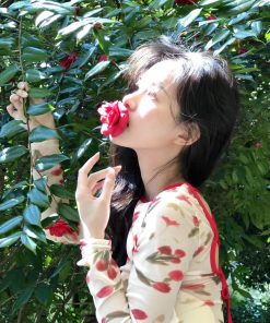 Korean Style Retro Romantic Rose Print Mesh Tie-Back Top for Women - Pumpkin Color, Lightweight and Trendy