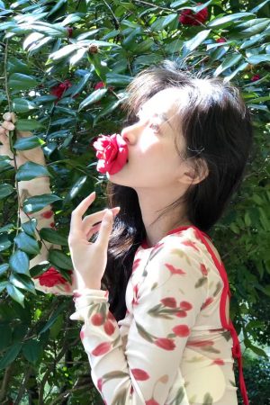 Korean Style Retro Romantic Rose Print Mesh Tie-Back Top for Women - Pumpkin Color, Lightweight and Trendy
