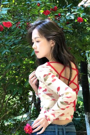 Korean Style Retro Romantic Rose Print Mesh Tie-Back Top for Women - Pumpkin Color, Lightweight and Trendy