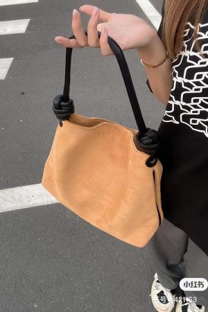 Korean Style Retro Suede Color-Block Bucket Tote Bag for Women - Large Capacity Spring/Summer 2025 Fashion Accessory