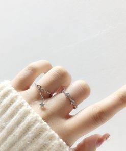 Korean Style Rhinestone Tassel Star Heart Open Ring - Sweet Temperament Jewelry for 2025 Fashion Trends