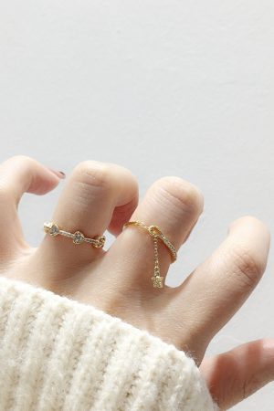 Korean Style Rhinestone Tassel Star Heart Open Ring - Sweet Temperament Jewelry for 2025 Fashion Trends