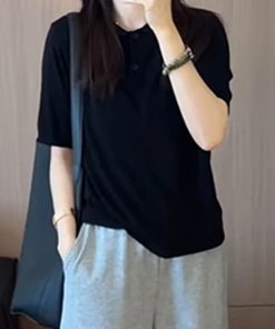 Korean Style Round Neck Solid Color Short Sleeve T-Shirt for Women - 2025 Summer Fashion Slimming Versatile Top