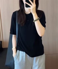 Korean Style Round Neck Solid Color Short Sleeve T-Shirt for Women - 2025 Summer Fashion Slimming Versatile Top