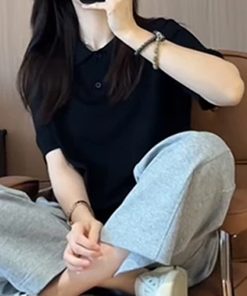 Korean Style Round Neck Solid Color Short Sleeve T-Shirt for Women - 2025 Summer Fashion Slimming Versatile Top