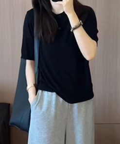 Korean Style Round Neck Solid Color Short Sleeve T-Shirt for Women - 2025 Summer Fashion Slimming Versatile Top