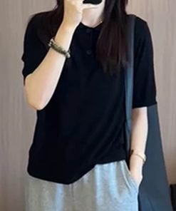 Korean Style Round Neck Solid Color Short Sleeve T-Shirt for Women - 2025 Summer Fashion Slimming Versatile Top