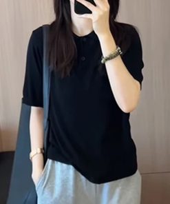 Korean Style Round Neck Solid Color Short Sleeve T-Shirt for Women - 2025 Summer Fashion Slimming Versatile Top