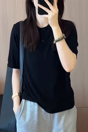 Korean Style Round Neck Solid Color Short Sleeve T-Shirt for Women - 2025 Summer Fashion Slimming Versatile Top