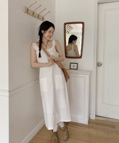 Korean Style Ruffled Pocket Long Dress - Sweet and Delicate Vest Design, Perfect for 90s and Y2K Fashion Lovers