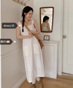 Korean Style Ruffled Pocket Long Dress - Sweet and Delicate Vest Design, Perfect for 90s and Y2K Fashion Lovers