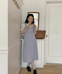 Korean Style Ruffled Pocket Long Dress - Sweet and Delicate Vest Design, Perfect for 90s and Y2K Fashion Lovers