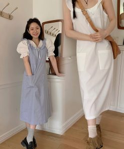 Korean Style Ruffled Pocket Long Dress - Sweet and Delicate Vest Design, Perfect for 90s and Y2K Fashion Lovers