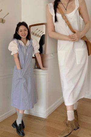 Korean Style Ruffled Pocket Long Dress - Sweet and Delicate Vest Design, Perfect for 90s and Y2K Fashion Lovers