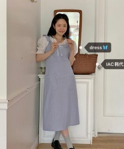 Korean Style Ruffled Pocket Long Dress - Sweet and Delicate Vest Design, Perfect for 90s and Y2K Fashion Lovers