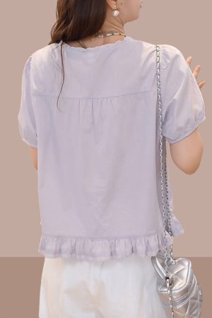 Korean-Style Ruffled Round Neck Short Sleeve Shirt for Women - Casual Solid Color Summer Top 2025