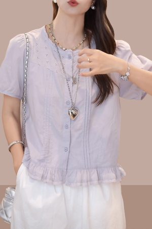Korean-Style Ruffled Round Neck Short Sleeve Shirt for Women - Casual Solid Color Summer Top 2025