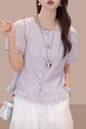 Korean-Style Ruffled Round Neck Short Sleeve Shirt for Women - Casual Solid Color Summer Top 2025