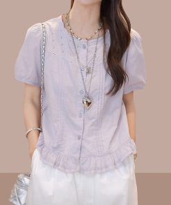 Korean-Style Ruffled Round Neck Short Sleeve Shirt for Women - Casual Solid Color Summer Top 2025