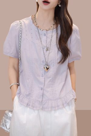 Korean-Style Ruffled Round Neck Short Sleeve Shirt for Women - Casual Solid Color Summer Top 2025