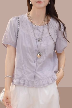Korean-Style Ruffled Round Neck Short Sleeve Shirt for Women - Casual Solid Color Summer Top 2025