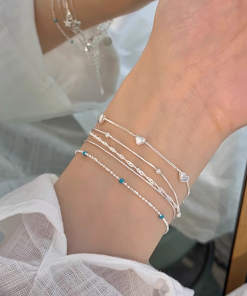 Korean Style S925 Pure Silver Star Heart Blue Bead Bracelet Set for Women - Trendy Casual Wrist Accessories 2025