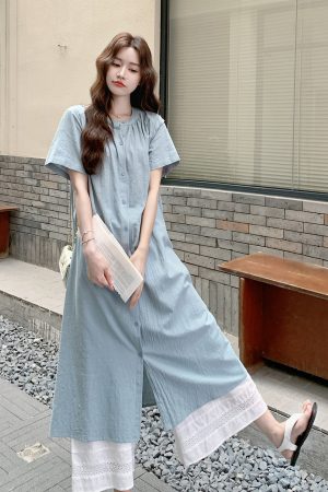 Korean Style Shirt Dress Set for Women with Wide-Leg Pants - Unique Summer 2025 Two-Piece Outfit, Trendy and Fashionable