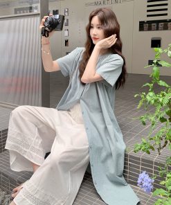 Korean Style Shirt Dress Set for Women with Wide-Leg Pants - Unique Summer 2025 Two-Piece Outfit, Trendy and Fashionable