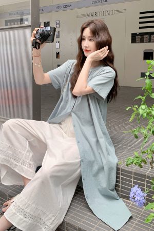 Korean Style Shirt Dress Set for Women with Wide-Leg Pants - Unique Summer 2025 Two-Piece Outfit, Trendy and Fashionable