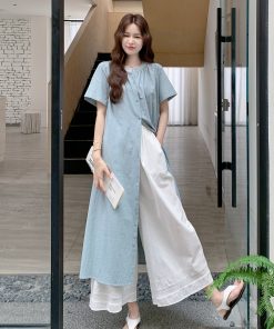 Korean Style Shirt Dress Set for Women with Wide-Leg Pants - Unique Summer 2025 Two-Piece Outfit, Trendy and Fashionable