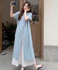 Korean Style Shirt Dress Set for Women with Wide-Leg Pants - Unique Summer 2025 Two-Piece Outfit, Trendy and Fashionable