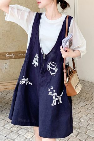 Korean-Style Short Sleeve Top with Embroidered Suspenders - Women's 2025 Summer Two-Piece Outfit for Petite Figures