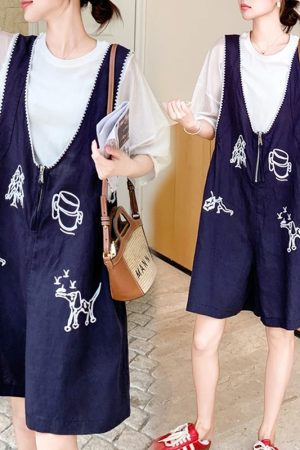 Korean-Style Short Sleeve Top with Embroidered Suspenders - Women's 2025 Summer Two-Piece Outfit for Petite Figures