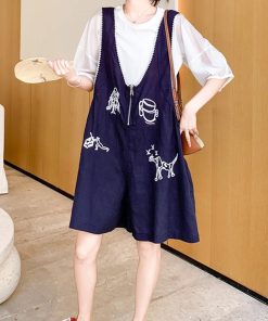 Korean-Style Short Sleeve Top with Embroidered Suspenders - Women's 2025 Summer Two-Piece Outfit for Petite Figures