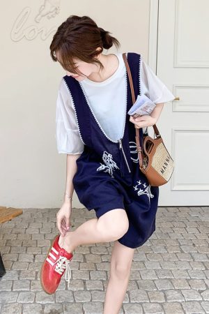Korean-Style Short Sleeve Top with Embroidered Suspenders - Women's 2025 Summer Two-Piece Outfit for Petite Figures