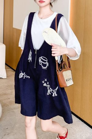 Korean-Style Short Sleeve Top with Embroidered Suspenders - Women's 2025 Summer Two-Piece Outfit for Petite Figures