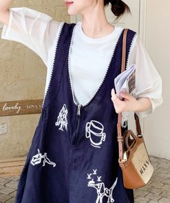 Korean Style Short-Sleeve Top with Embroidered Suspenders Set for Women, Summer 2025 Two-Piece Outfit for Petite Figures