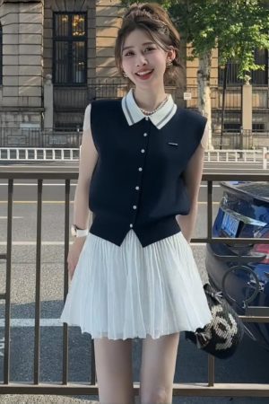 Korean-Style Sleeveless Knitted Polo Top for Women - Summer College Fashion, Slimming and Stylish Vest