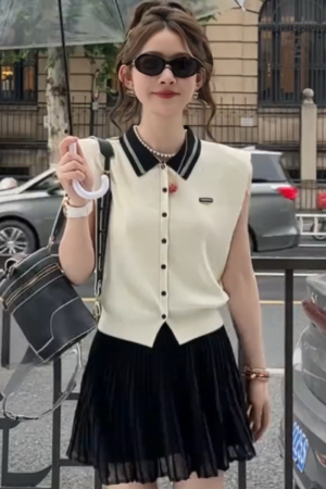 Korean-Style Sleeveless Knitted Polo Top for Women - Summer College Fashion, Slimming and Stylish Vest