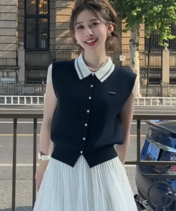 Korean-Style Sleeveless Knitted Polo Top for Women - Summer College Fashion, Slimming and Stylish Vest