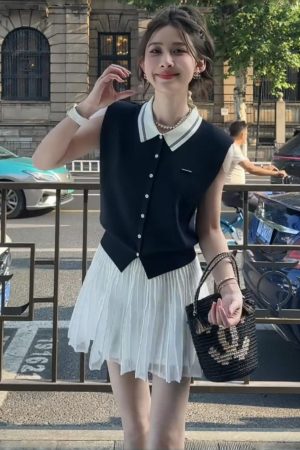 Korean-Style Sleeveless Knitted Polo Top for Women - Summer College Fashion, Slimming and Stylish Vest